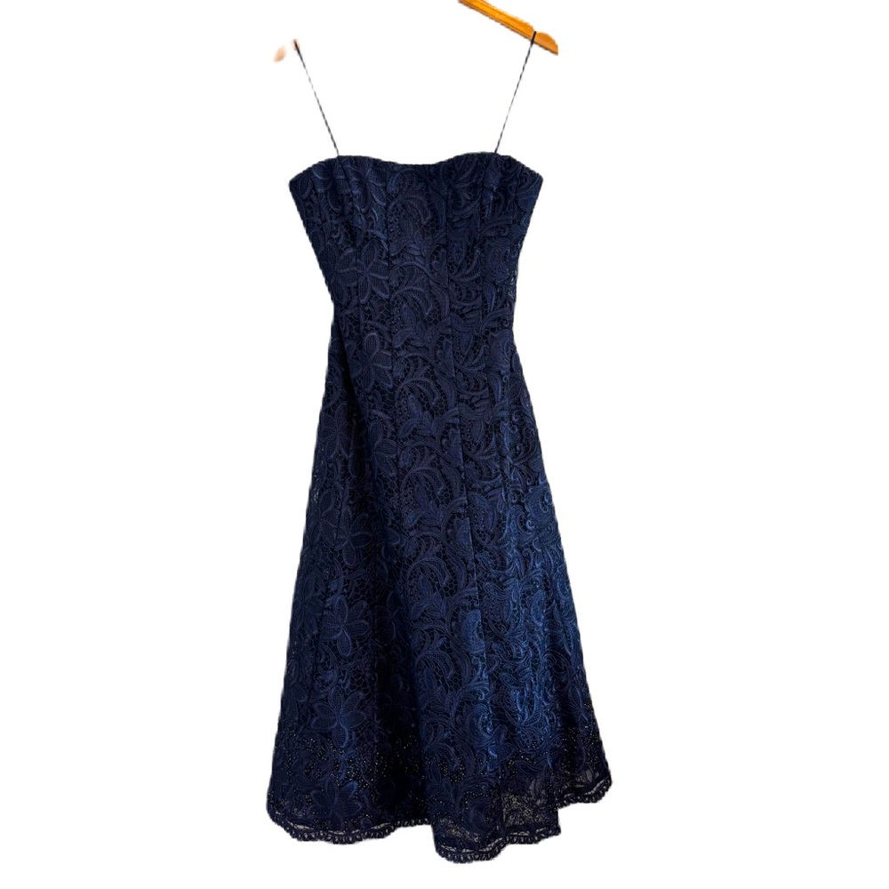 Kay Unger New York Navy Floral Lace Strapless Tea-Length Formal Dress Size 8